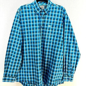 Cinch Long Sleeve Shirt button down chest pocket plaid blues western